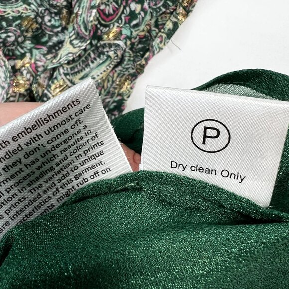 Rococo Sand Mini Shirt Dress Sheer Metallic Paisley Button Up Collar Green Small - Picture 12 of 13